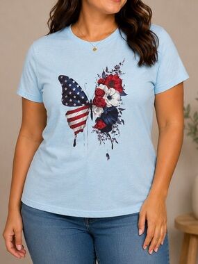 Hand Crafted Light Blue Patriotic Butterfly Floral Tee SMALL
